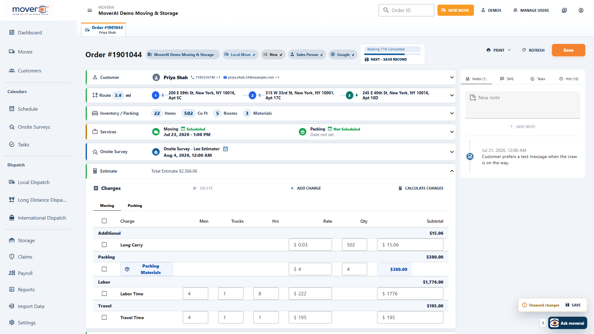 Moverai estimate section expanded inside a moving order