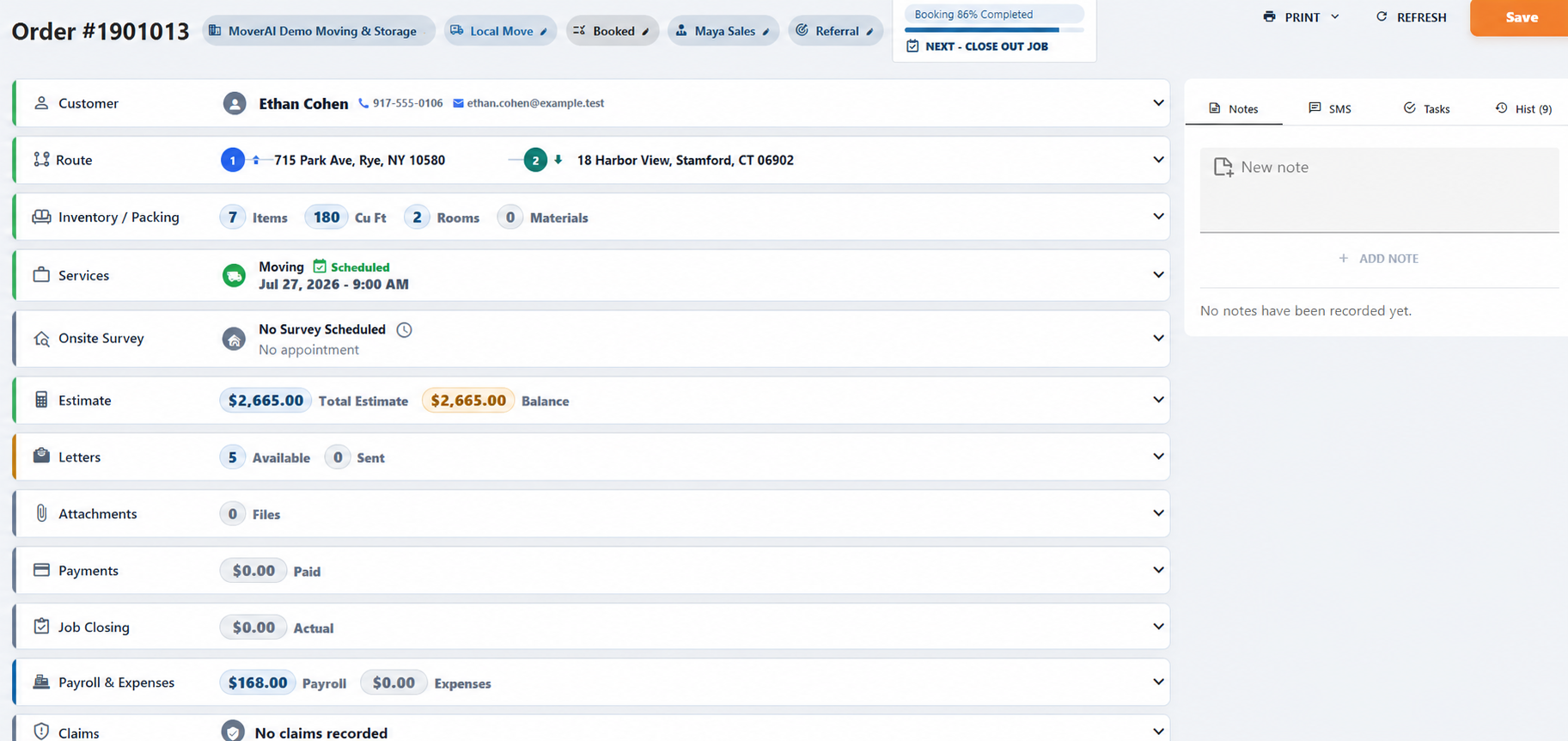 Moverai move order showing customer, route, inventory, services, and sales information