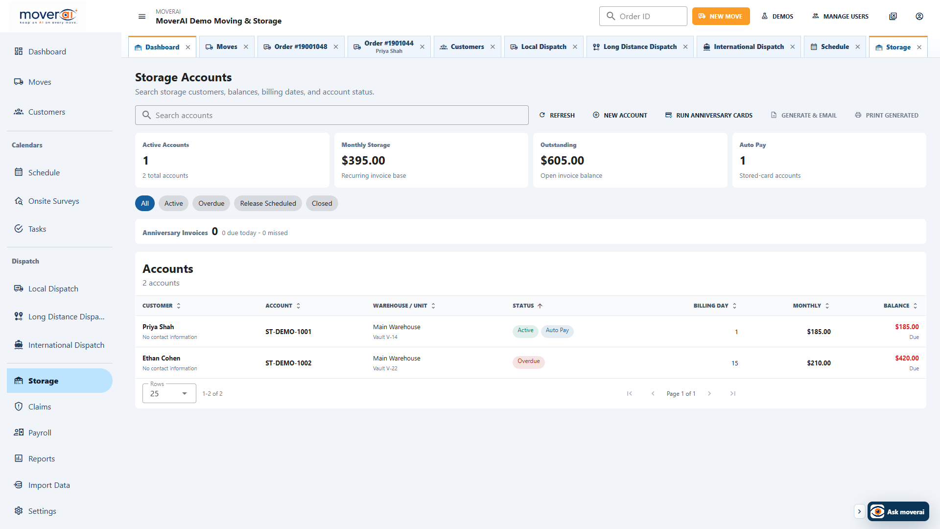 Moverai storage management workspace with inventory and billing information